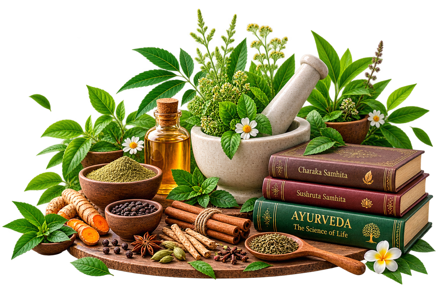 Ayurvedic herbs, mortar, medicinal plants and Ayurveda books