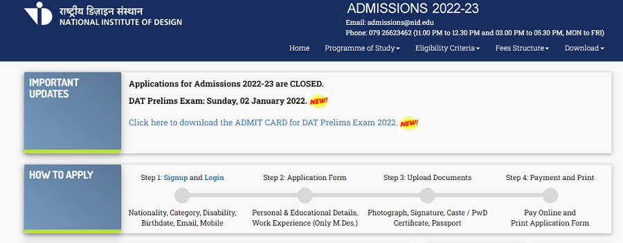 NID DAT 2022 Admit card-home page