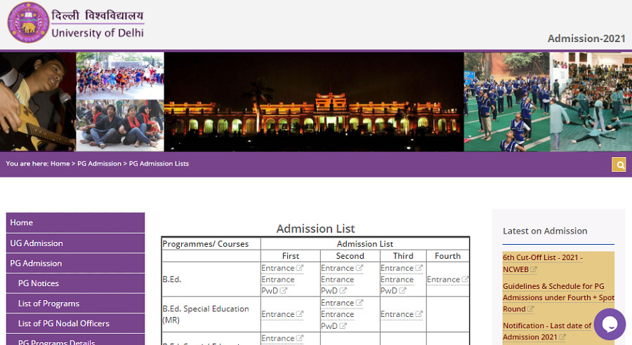 University of Delhi PG fourth round merit list 2021