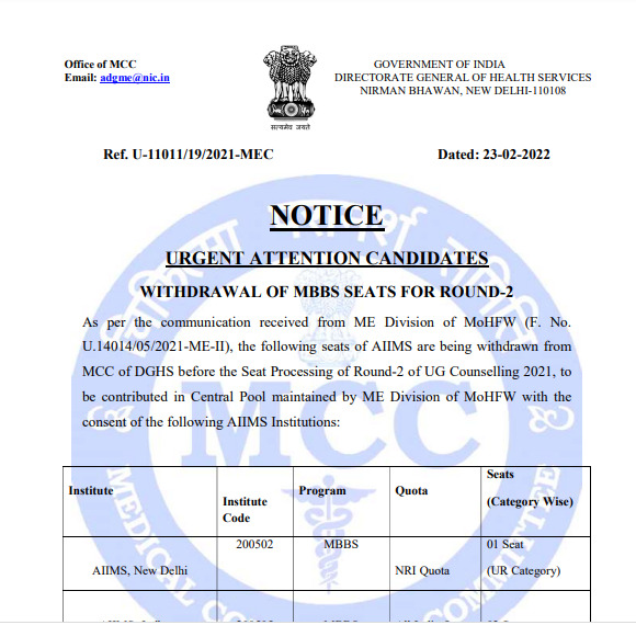 MCC NEET Counselling 2021 Withdrawal notice released