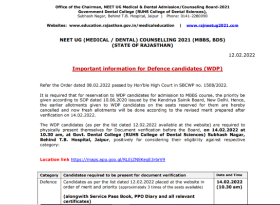 Rajasthan NEET UG Counselin 2021 Notice released by the authority