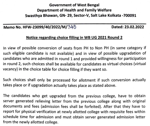 West Bengal NEET UG Counselling 2021 Choice filling update