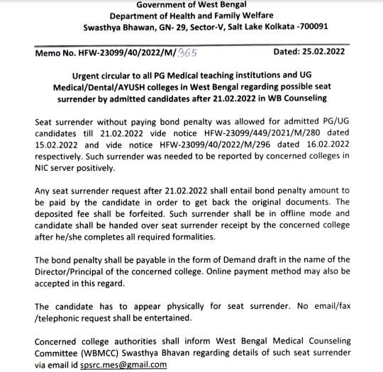 West bengal neet counselling seat surrender notice 2021