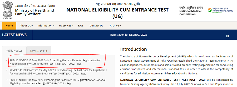 NEET 2022 application form extended notice official website