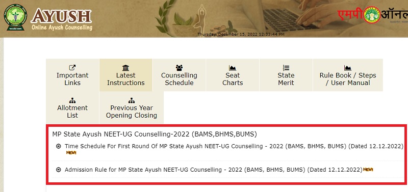 MP Ayush NEET Counselling Notice