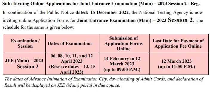 JEE Mains 2023 April Session Application Dates Notice