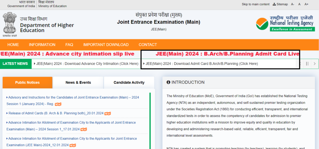 JEE Main 2024 Paper 2 Exam Update: NTA JEE Mains admit card at jeemain ...