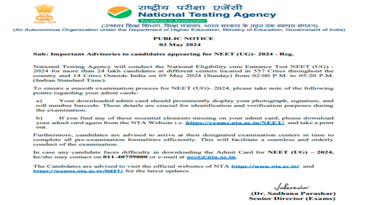Important Advisories To Candidates Appearing For NEET UG 2024