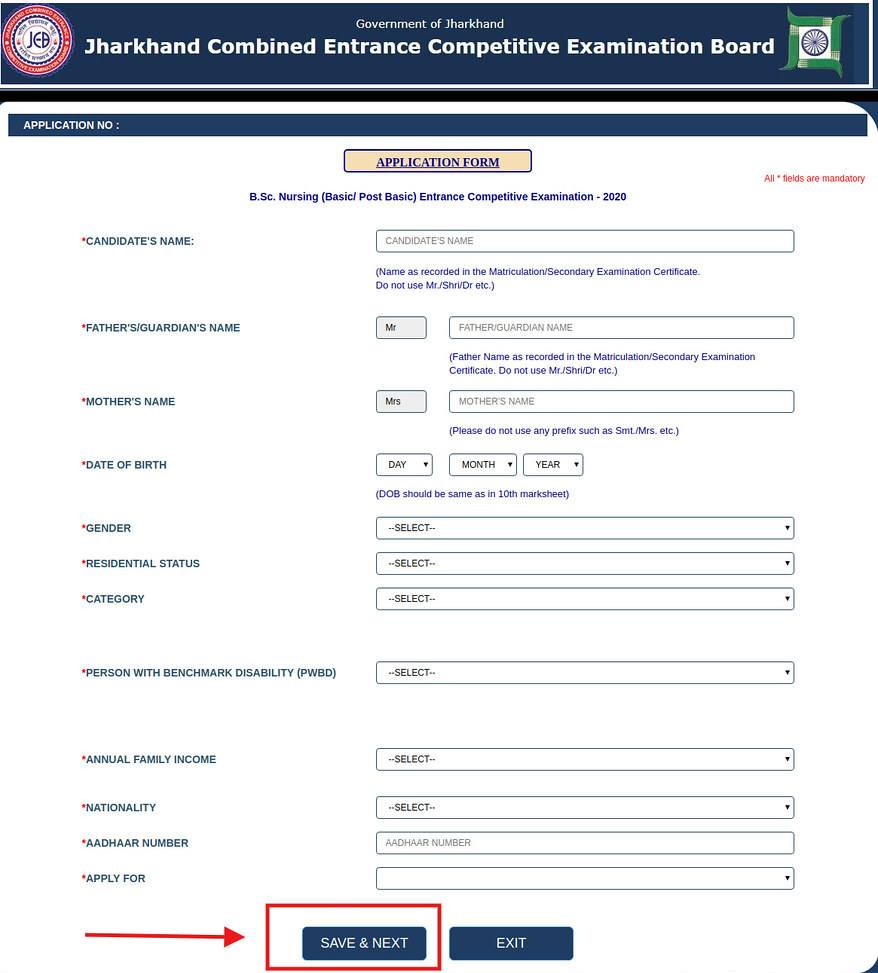 Jharkhand Nursing Admision Form Step 1