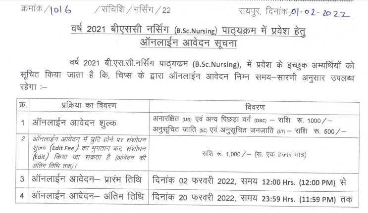 Chhattisgarh B.Sc. Nursing Admission 2021