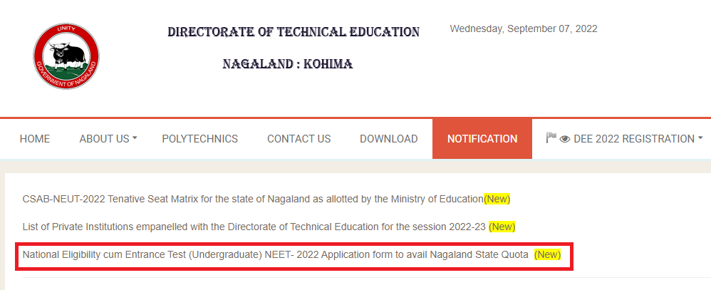 DTE Nagaland NEET Counselling 2022 Application form Update