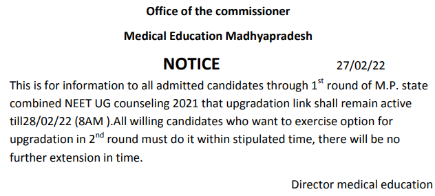 Notice for Extension of upgradation time MP NEET-UG Counselling 2021