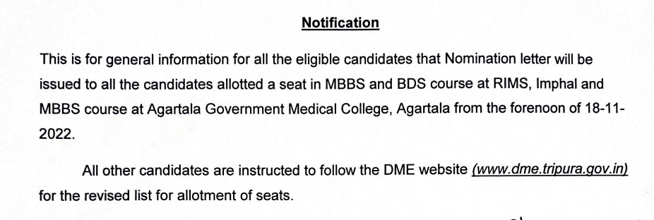 Tripura NEET Round-2 Allotment of Seats Notice