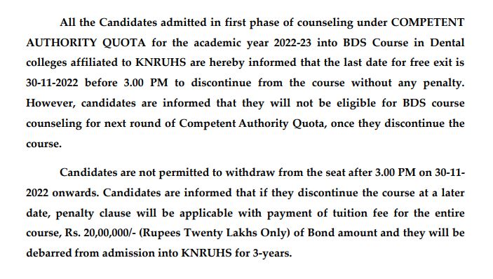 Telangana NEET BDS Counselling Free exit Notice