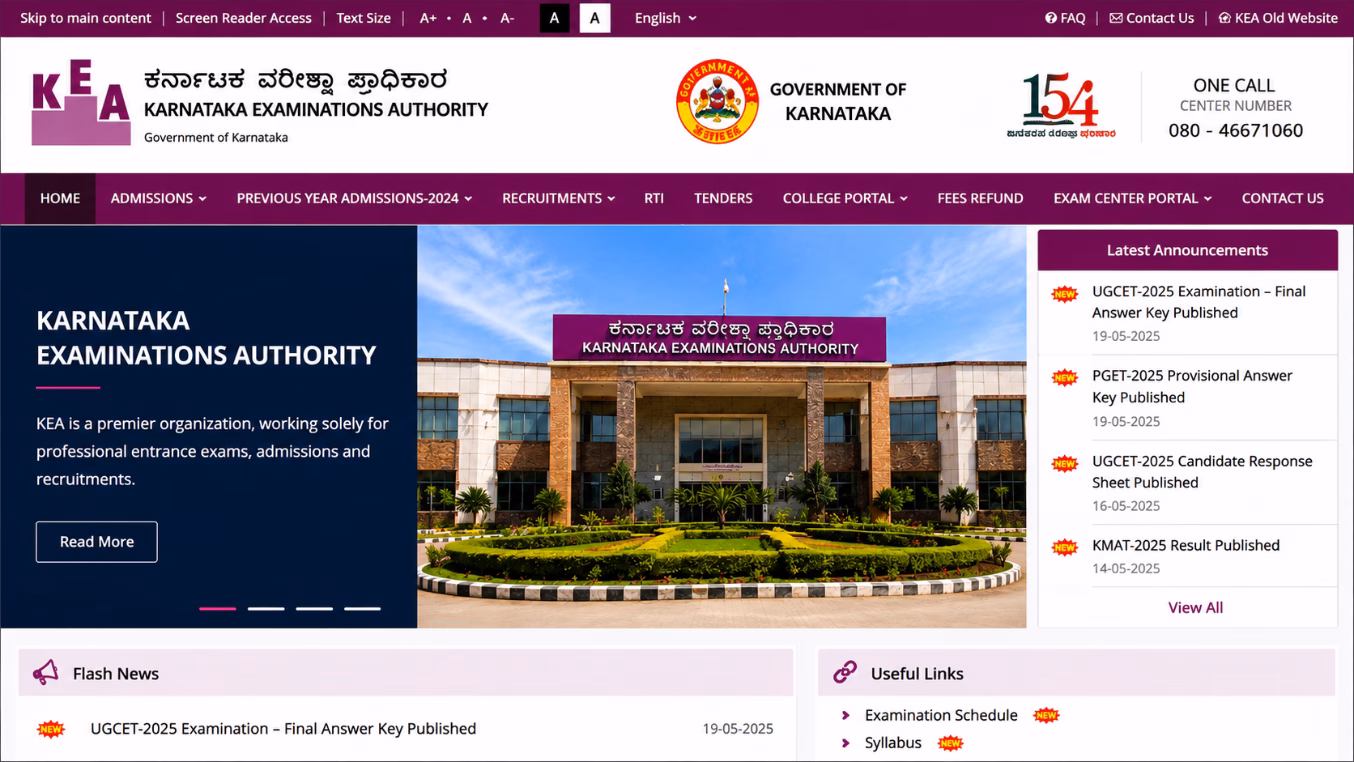 Karnataka Examinations Authority (KEA) – Official Website for Admissions, Entrance Examinations, Results, Notifications, Recruitment, and Counselling Updates.