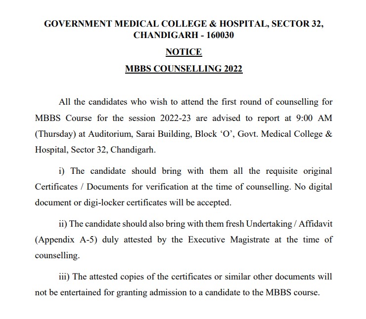 Chandigarh NEET UG important notice for MBBS Counselling