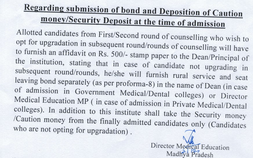 MP NEET submission bond security money noticed