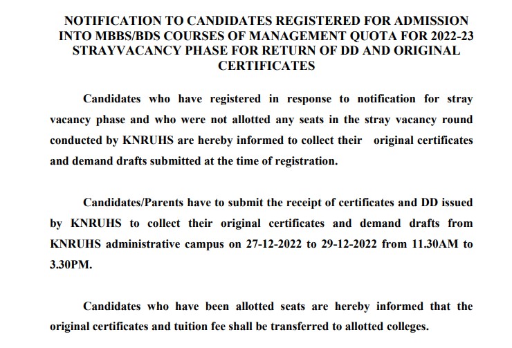 Telangana NEET Stray Vacancy Round Original Certificate Notice