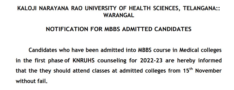 Telangana NEET UG Round-1 Notice