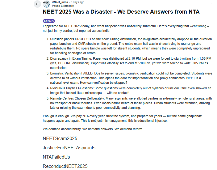 Reddit thread titled “NEET 2025 Was a Disaster”