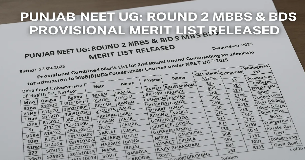 Punjab NEET UG 2025: Round 2 MBBS & BDS Provisional Merit List Released