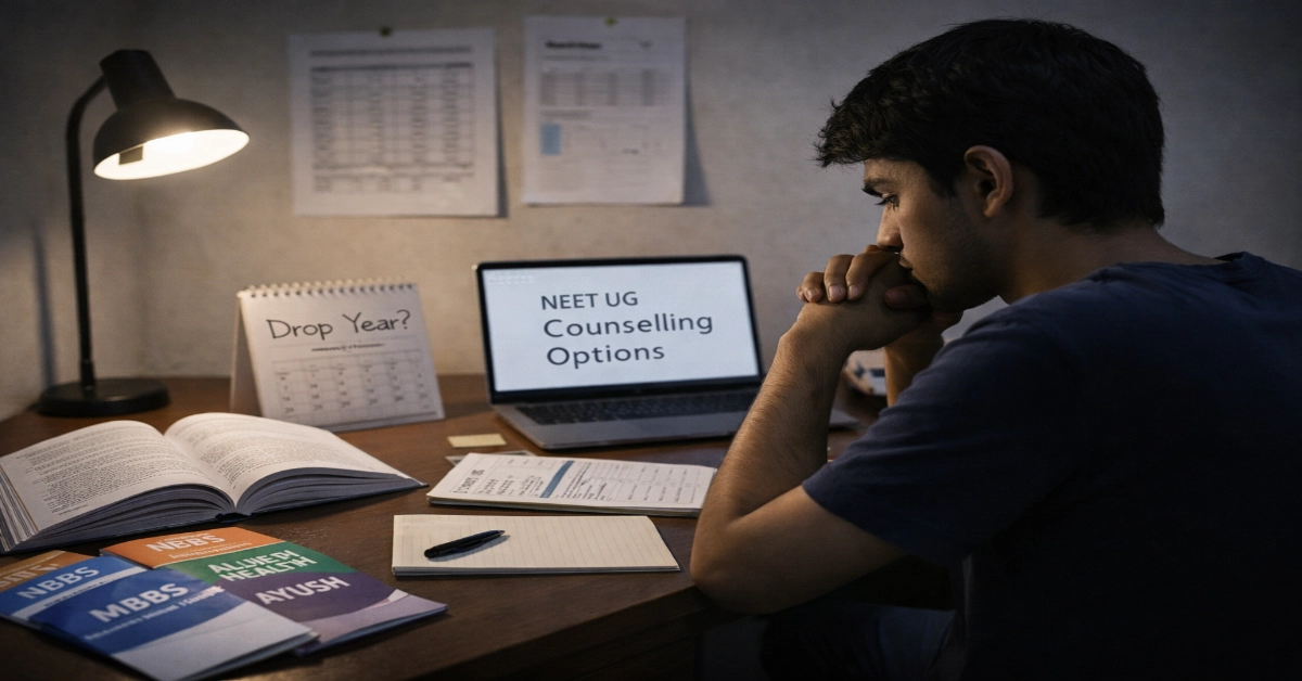 Indian NEET UG student weighing drop year or counselling choices, with MBBS and allied health options